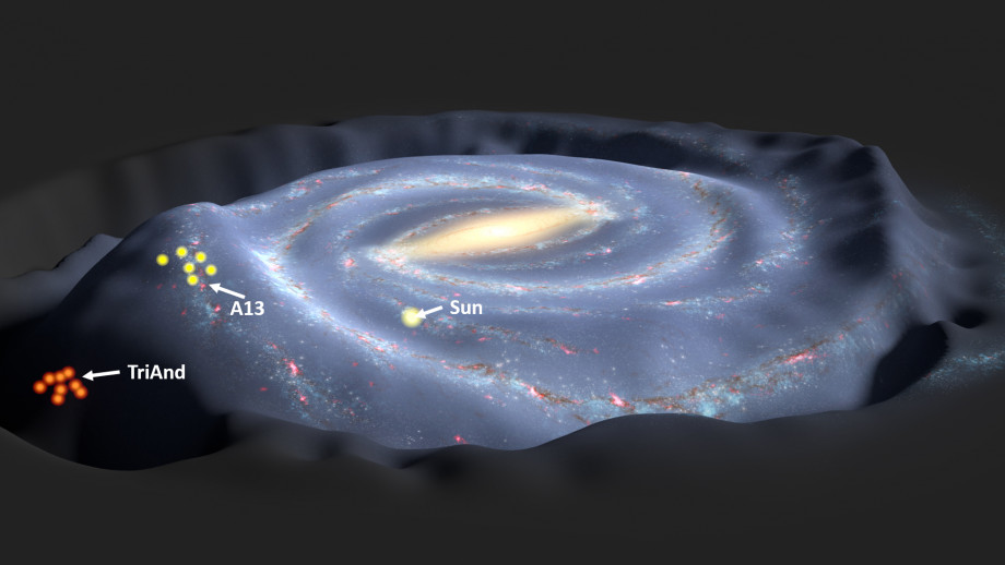 An all-sky view of stars in the first Gaia catalogue. With a dot for each star, the map outlines the Milky Way (horizontally) and the Magellanic Clouds (lower right). The curved features are artifacts due to Gaia’s scanning procedure. Image credit: ESA/Gaia/DPAC.