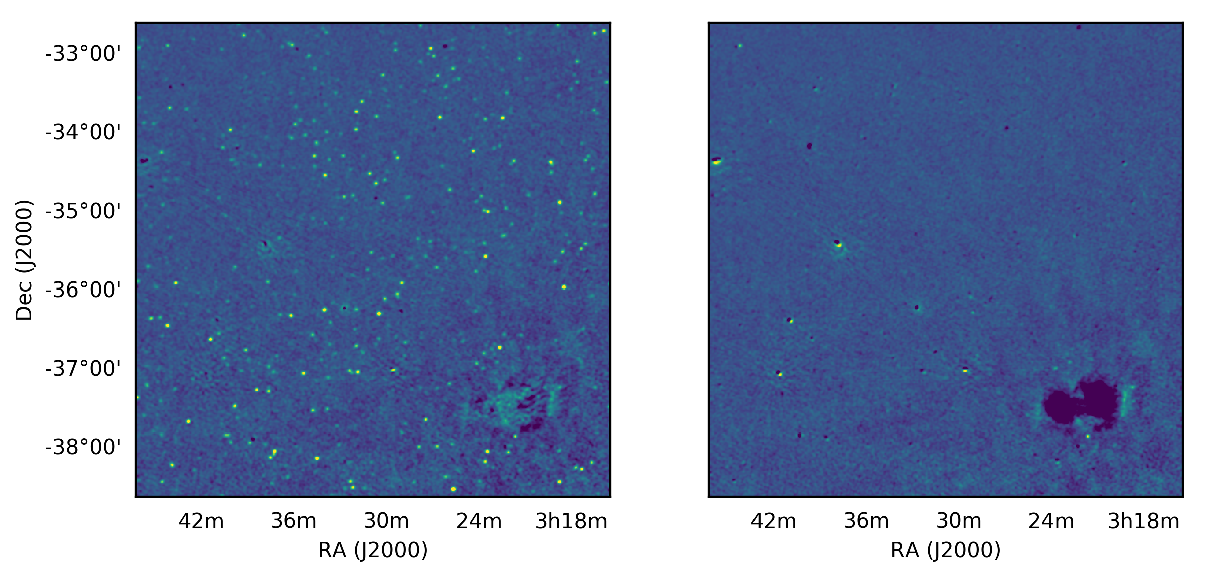 Left column: MWA image. Right column: MWA image after the brightest 1000 sources have been “peeled” away, leaving many more dimmer sources behind.